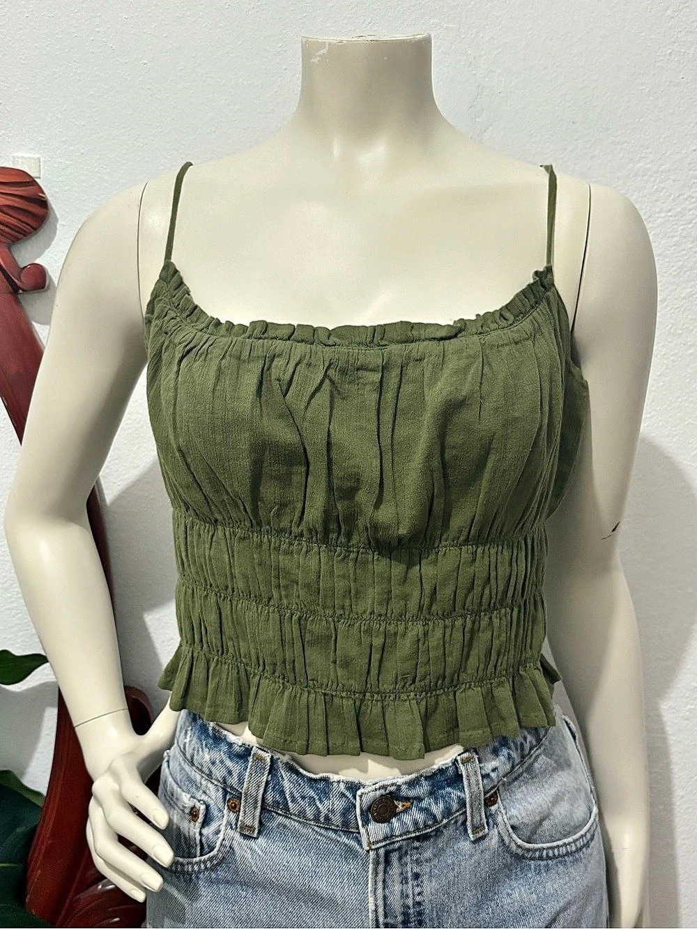 Abound Cotton Dark Green Ruched Adjustable Strap Cropped Tank Top